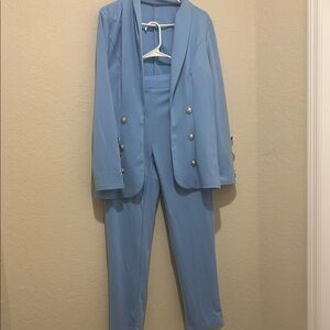 Chic Light Blue Blazer and Pants Set